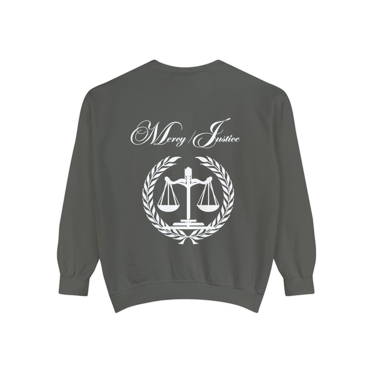 All White Mercy/Justice Unisex Garment - Dyed Sweatshirt - criminaljusticereformationalliancestore.com