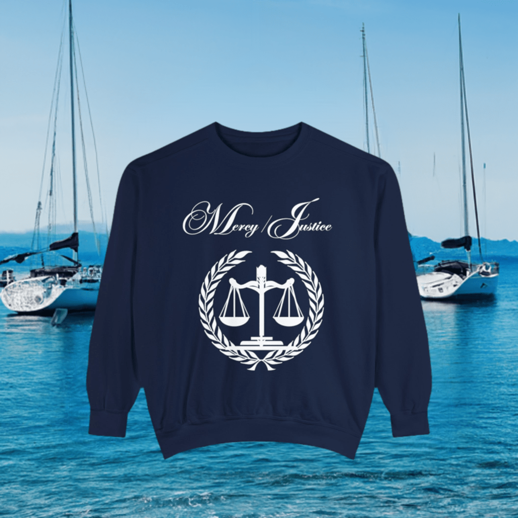 All White Mercy/Justice Unisex Garment - Dyed Sweatshirt - criminaljusticereformationalliancestore.com