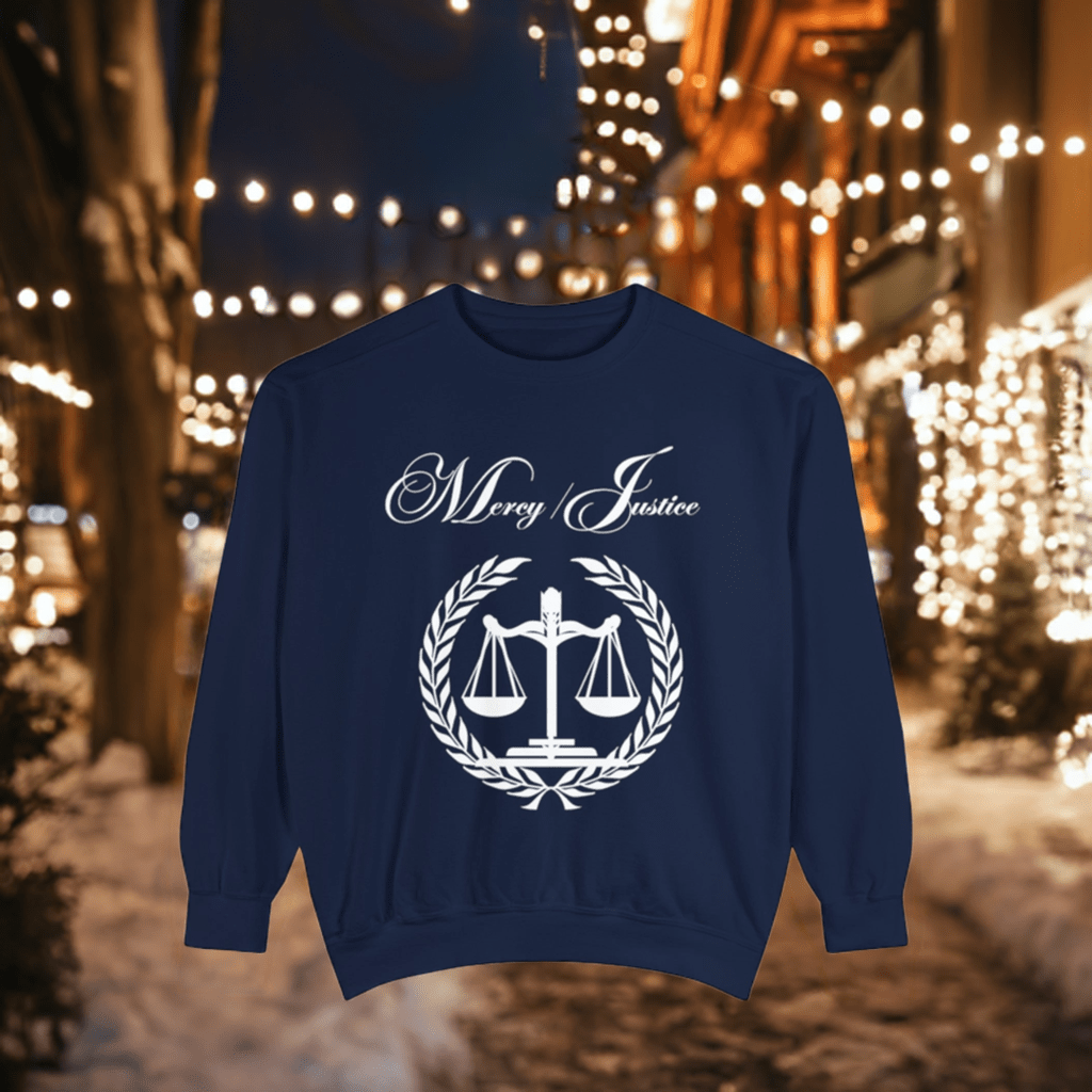 All White Mercy/Justice Unisex Garment - Dyed Sweatshirt - criminaljusticereformationalliancestore.com