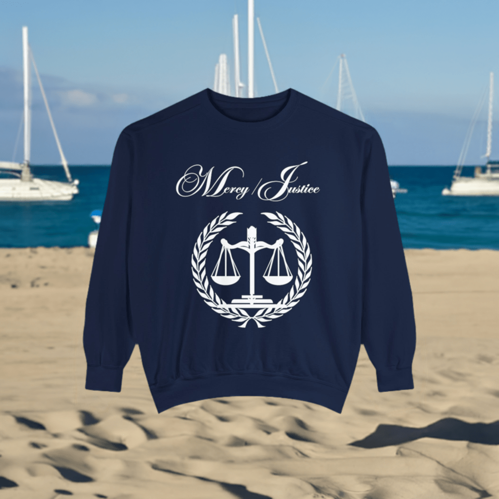 All White Mercy/Justice Unisex Garment - Dyed Sweatshirt - criminaljusticereformationalliancestore.com