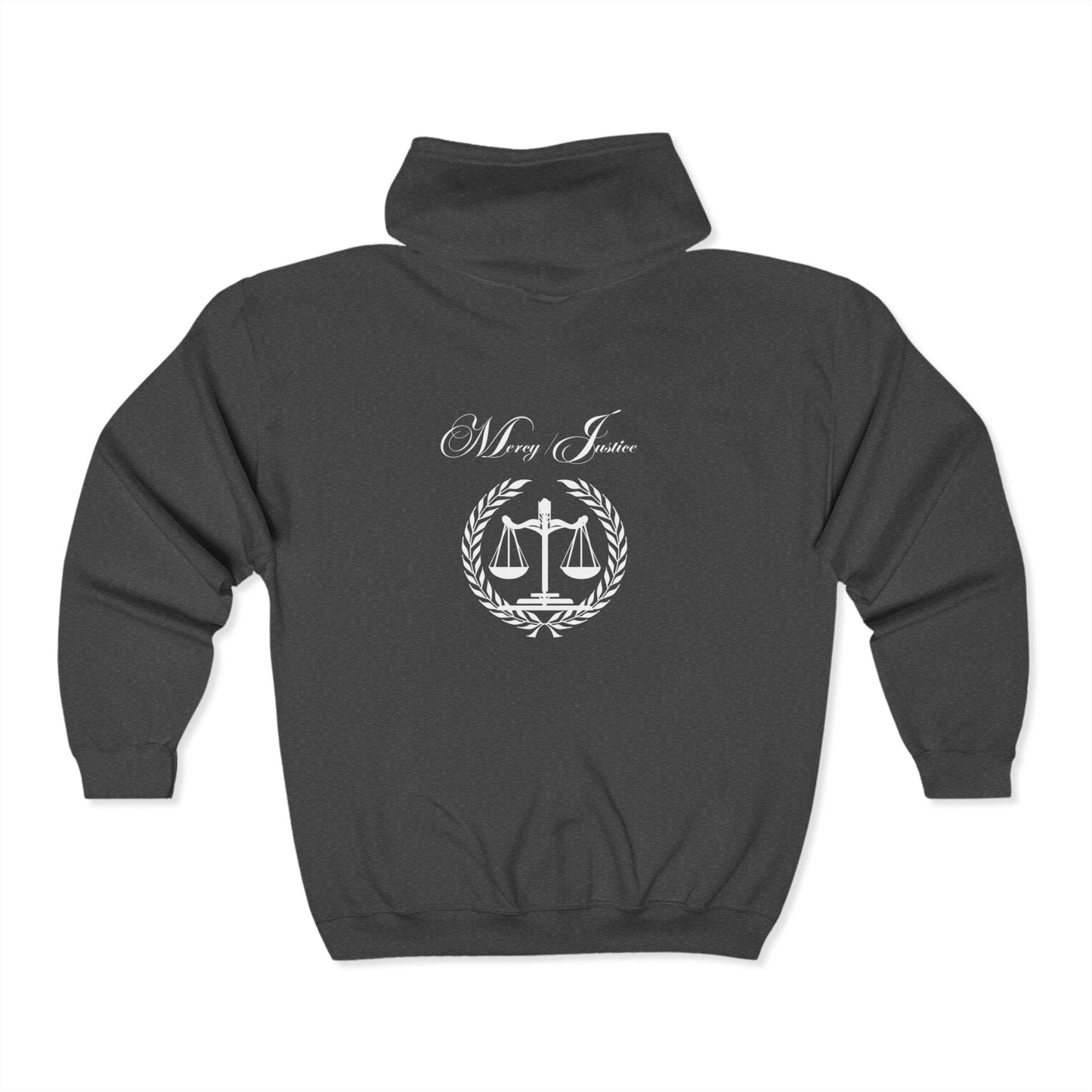 All White Mercy/Justice Unisex Heavy Full Zip Hooded Sweatshirt - criminaljusticereformationalliancestore.com