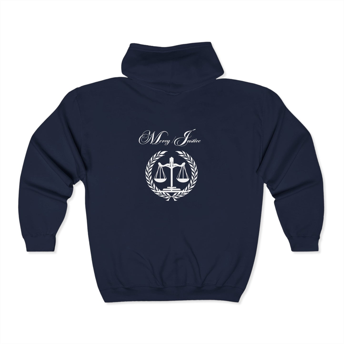 All White Mercy/Justice Unisex Heavy Full Zip Hooded Sweatshirt - criminaljusticereformationalliancestore.com