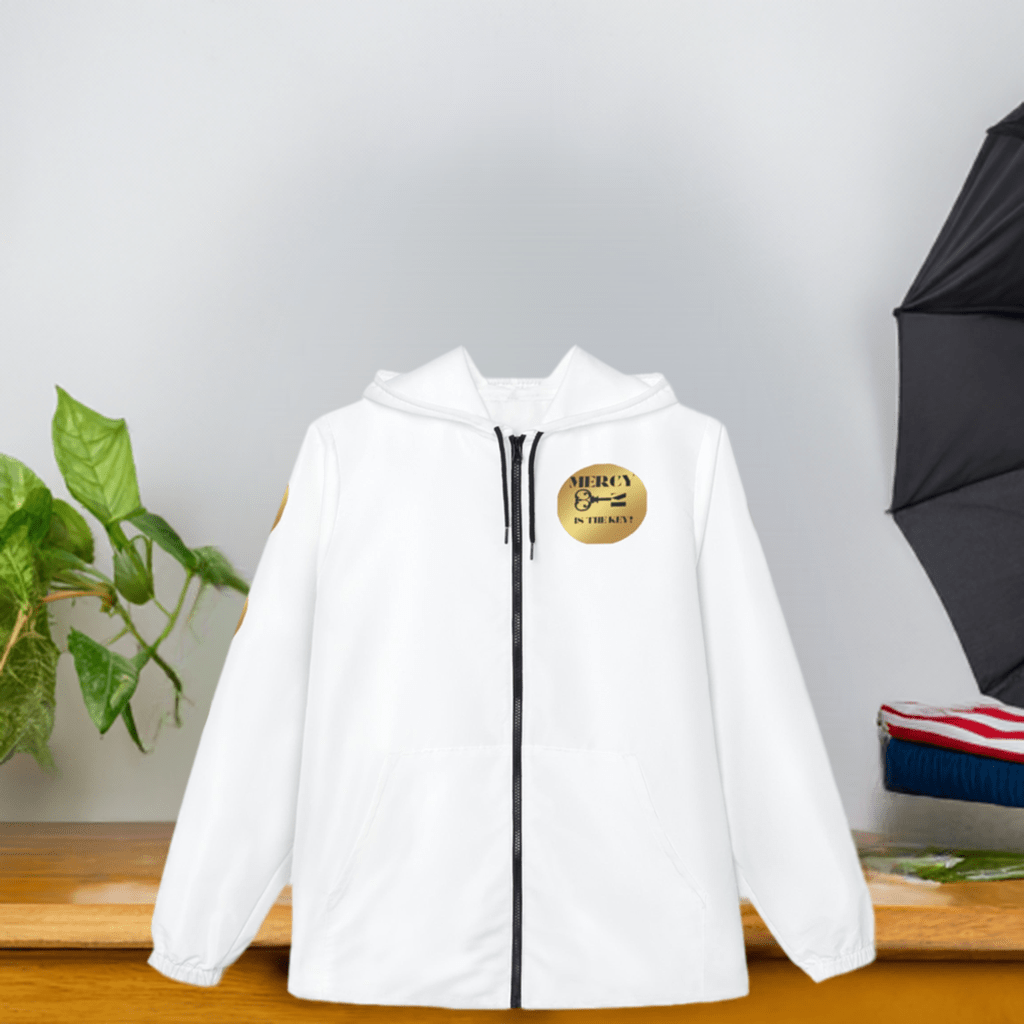 Black/Gold Mercy Is The Key! Windbreaker Jacket (AOP) - criminaljusticereformationalliancestore.com