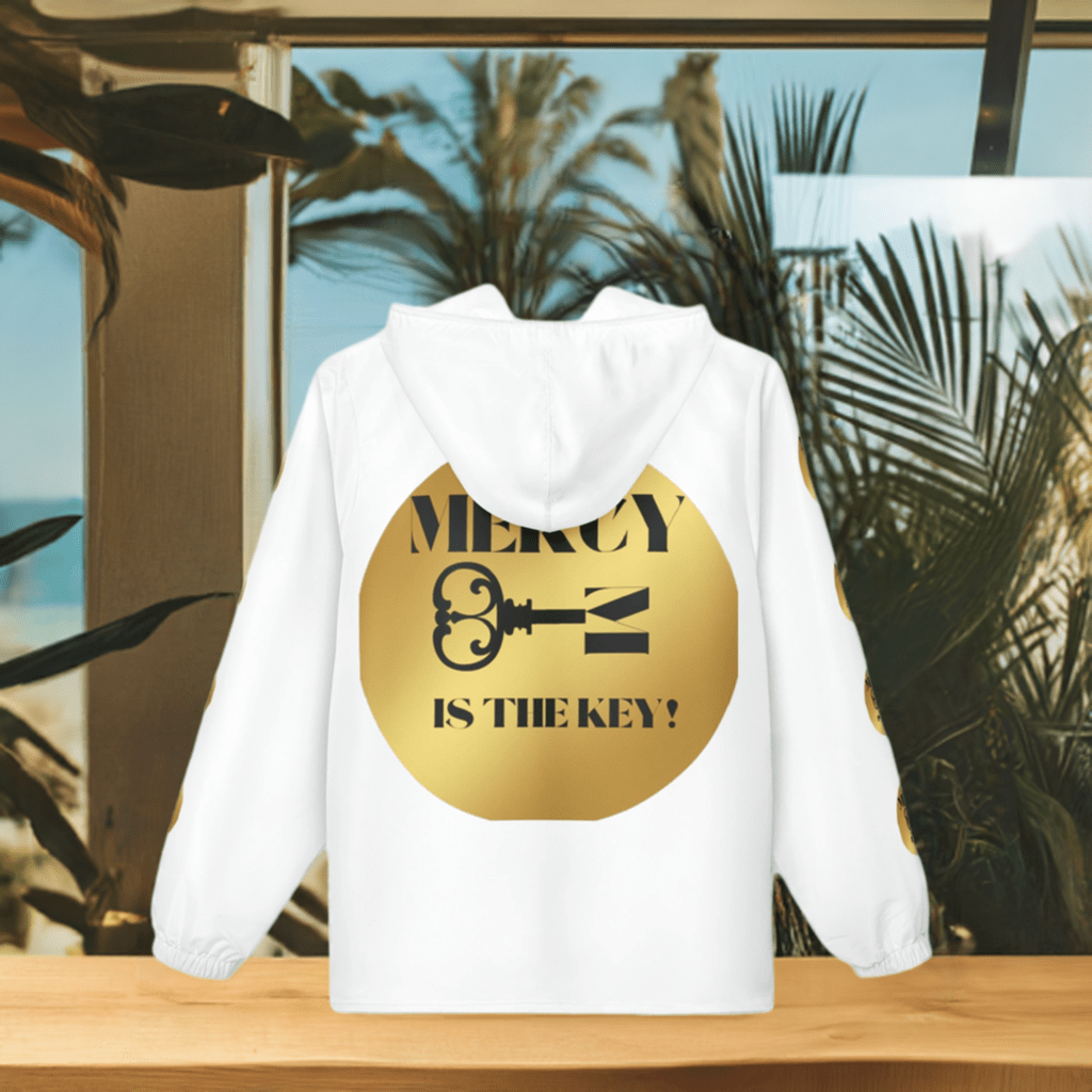 Black/Gold Mercy Is The Key! Windbreaker Jacket (AOP) - criminaljusticereformationalliancestore.com