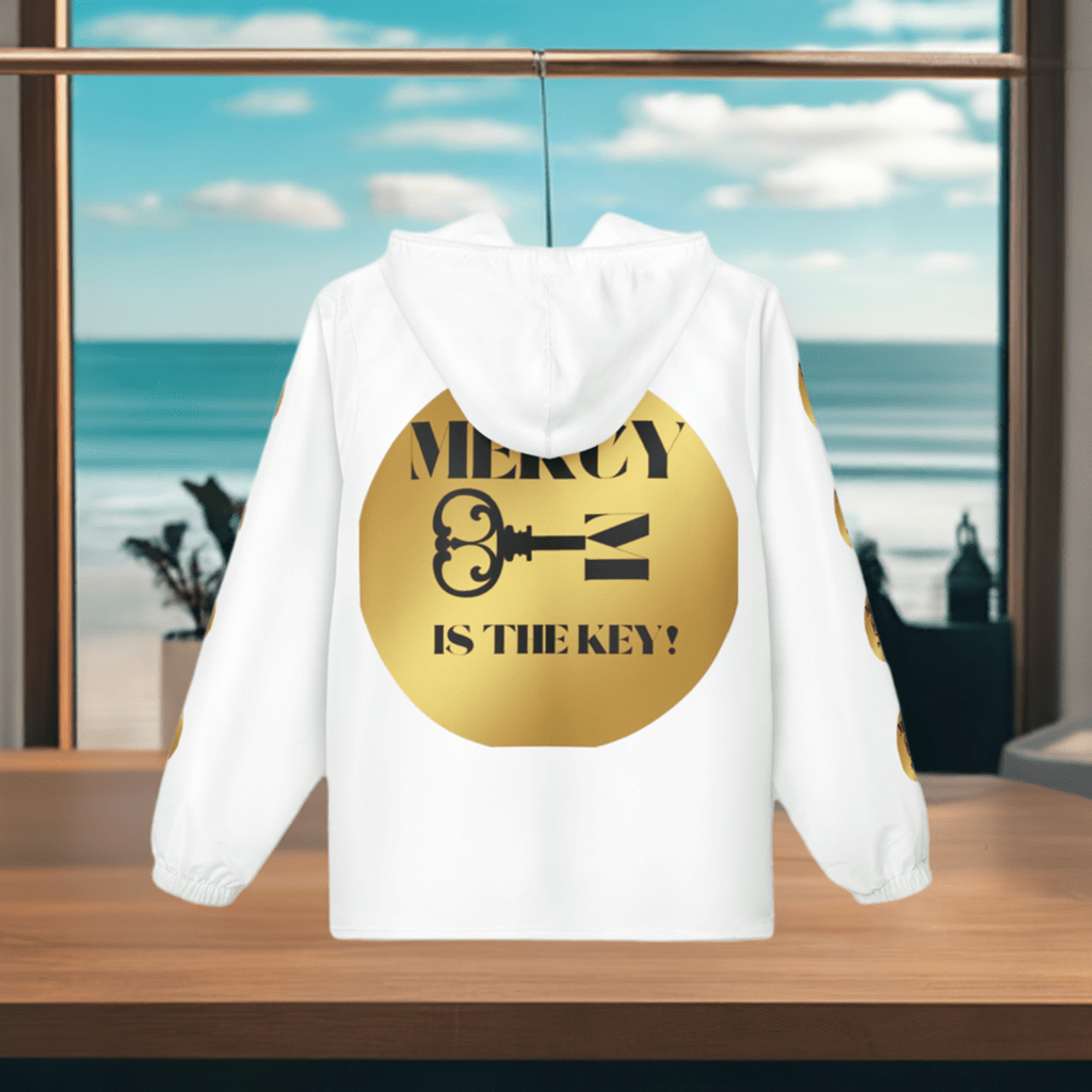 Black/Gold Mercy Is The Key! Windbreaker Jacket (AOP) - criminaljusticereformationalliancestore.com