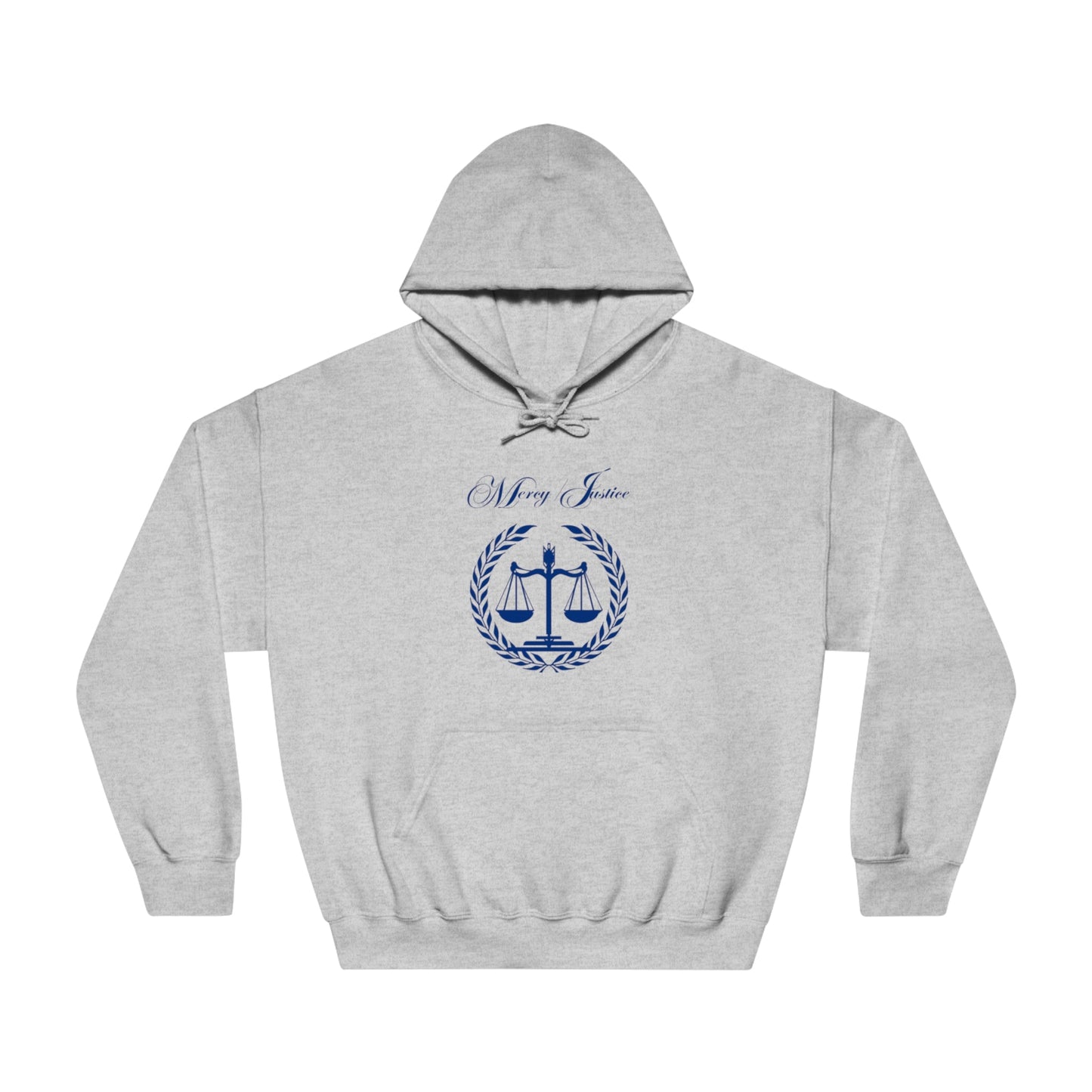Mercy/Justice Navy Letters Unisex DryBlend® Hooded Sweatshirt - criminaljusticereformationalliancestore.com