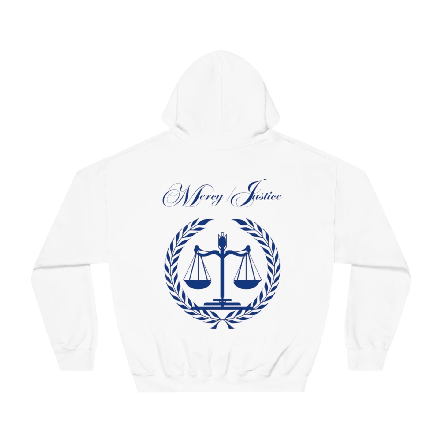 Mercy/Justice Navy Letters Unisex DryBlend® Hooded Sweatshirt - criminaljusticereformationalliancestore.com