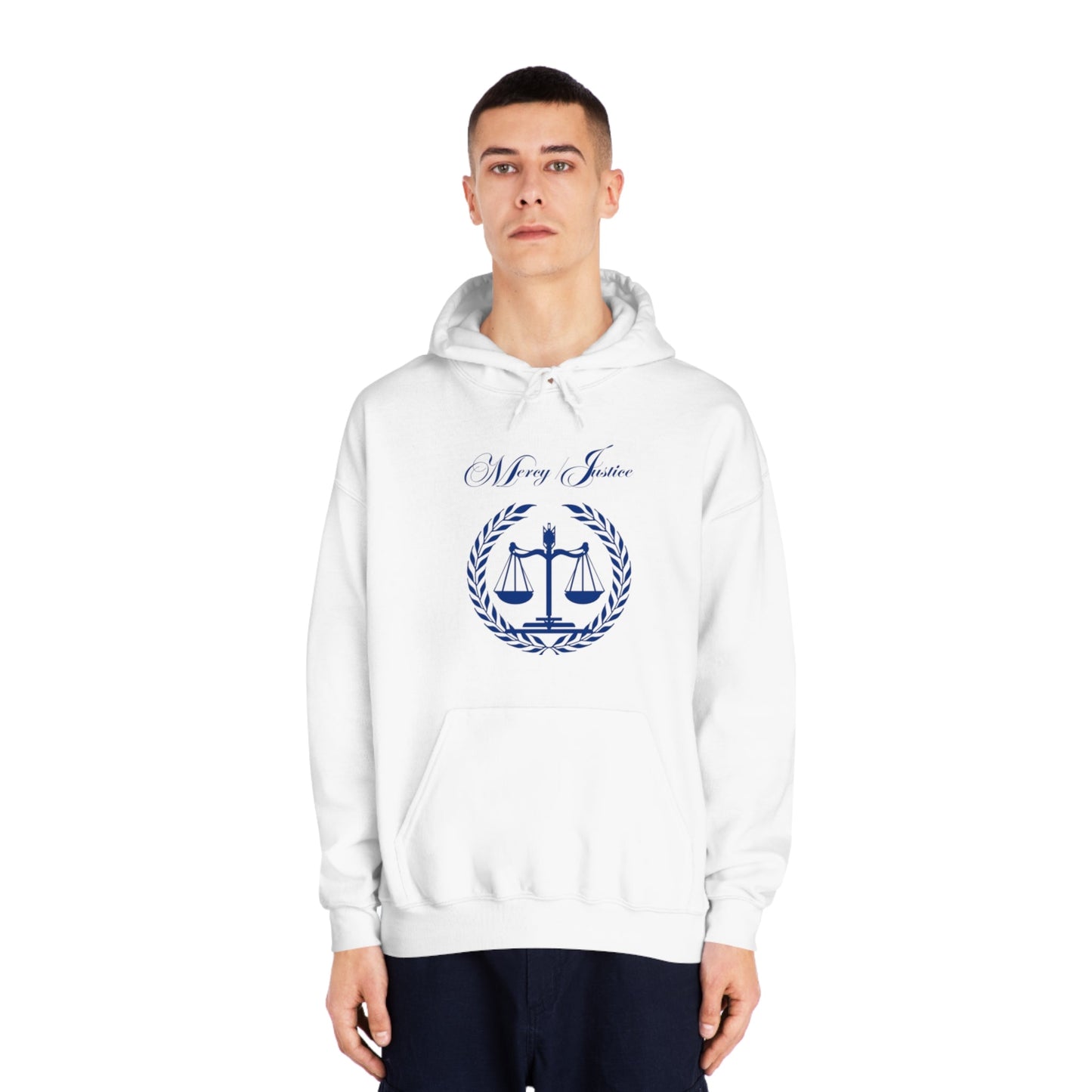 Mercy/Justice Navy Letters Unisex DryBlend® Hooded Sweatshirt - criminaljusticereformationalliancestore.com