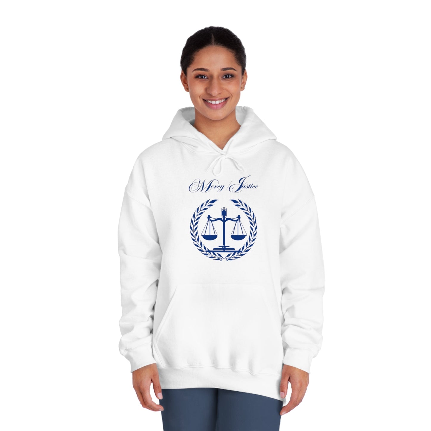 Mercy/Justice Navy Letters Unisex DryBlend® Hooded Sweatshirt - criminaljusticereformationalliancestore.com