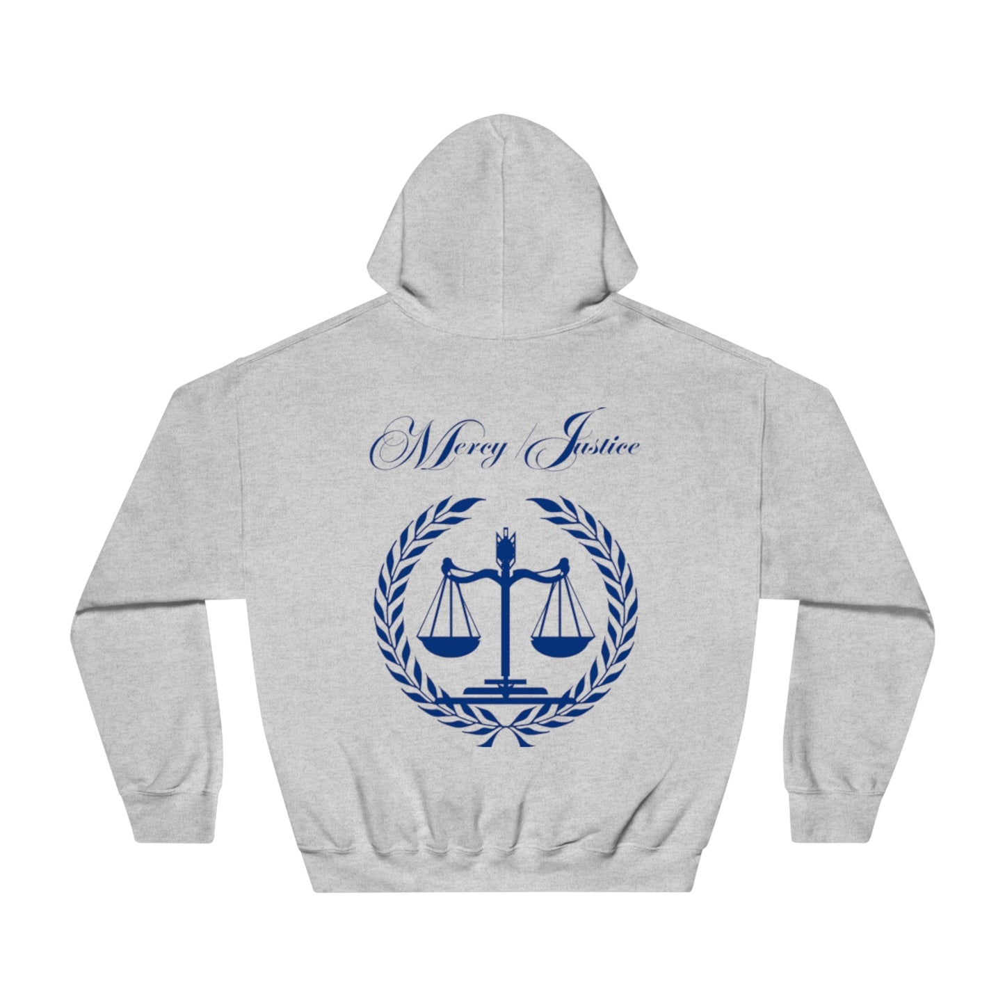 Mercy/Justice Navy Letters Unisex DryBlend® Hooded Sweatshirt - criminaljusticereformationalliancestore.com