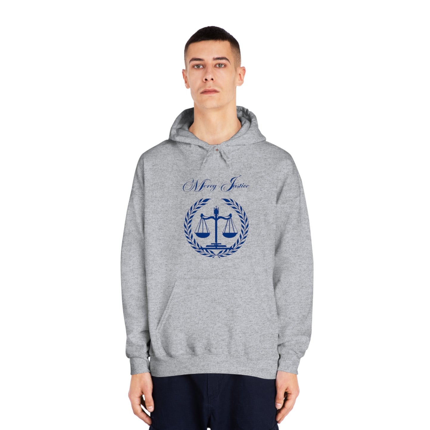 Mercy/Justice Navy Letters Unisex DryBlend® Hooded Sweatshirt - criminaljusticereformationalliancestore.com