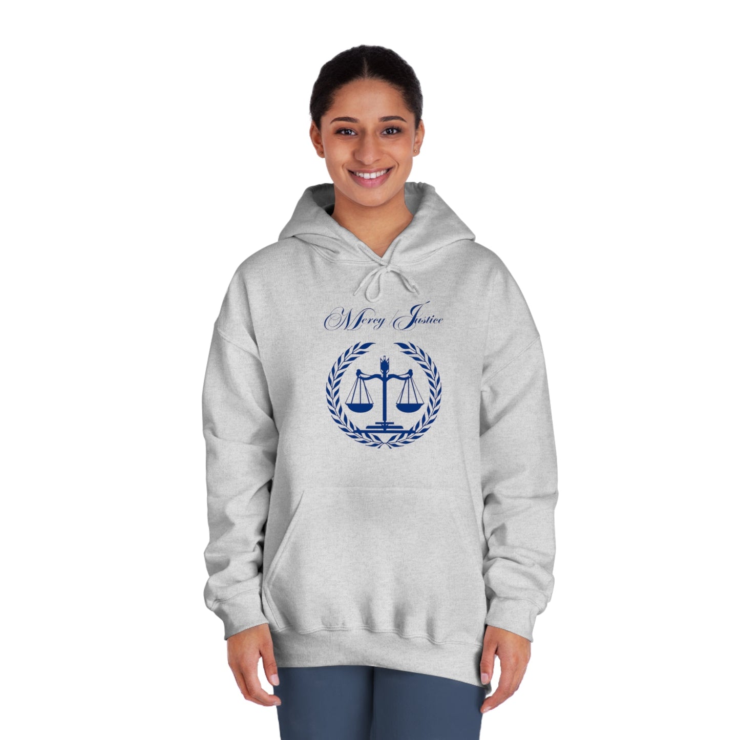 Mercy/Justice Navy Letters Unisex DryBlend® Hooded Sweatshirt - criminaljusticereformationalliancestore.com