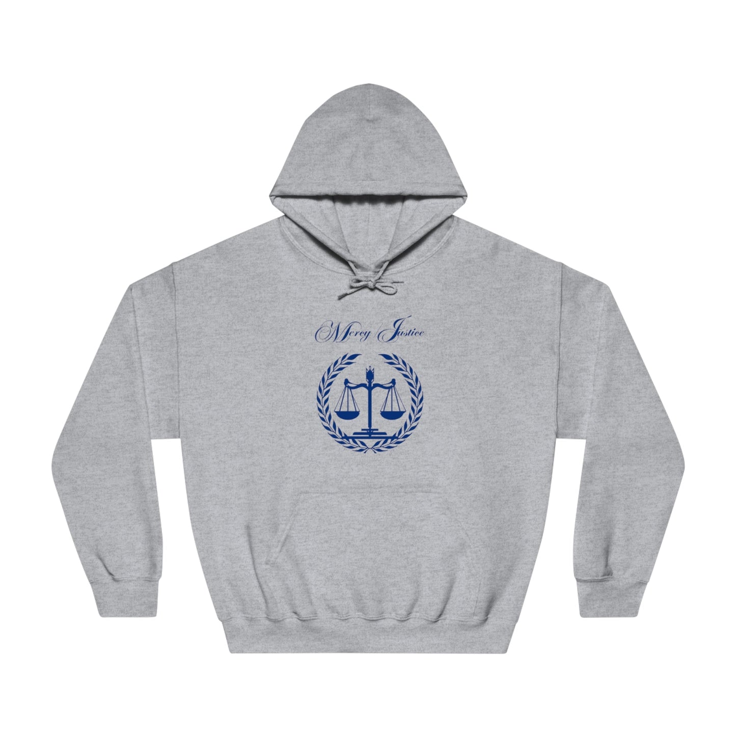 Mercy/Justice Navy Letters Unisex DryBlend® Hooded Sweatshirt - criminaljusticereformationalliancestore.com