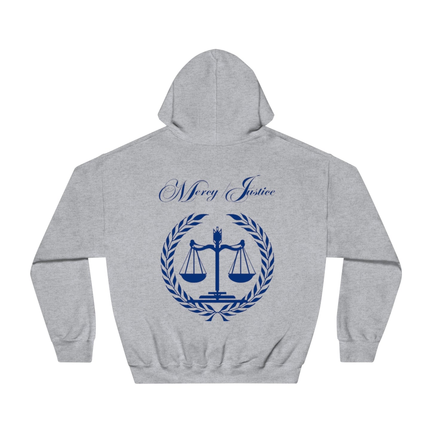 Mercy/Justice Navy Letters Unisex DryBlend® Hooded Sweatshirt - criminaljusticereformationalliancestore.com