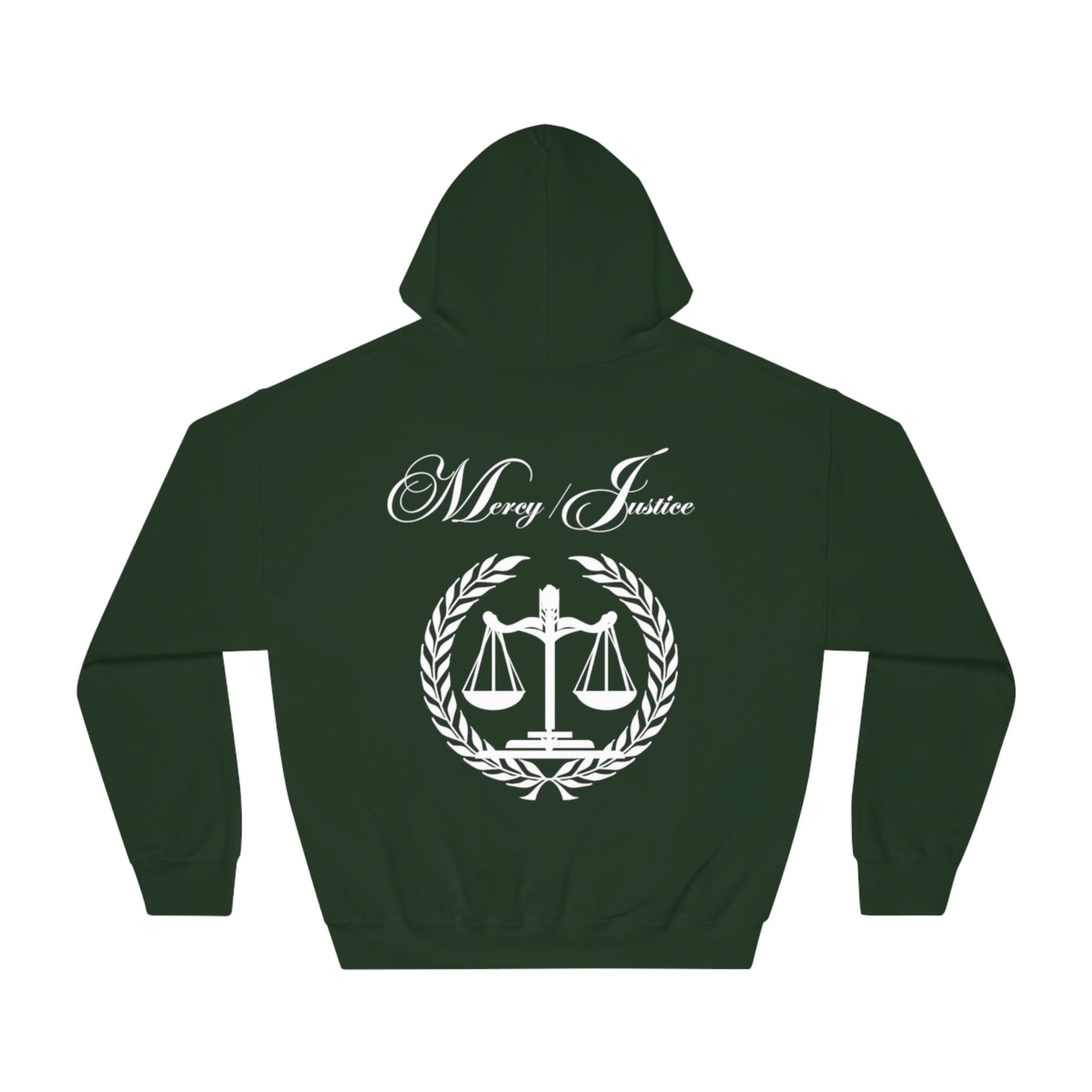 Mercy/Justice White Letters Unisex DryBlend® Hooded Sweatshirt - criminaljusticereformationalliancestore.com