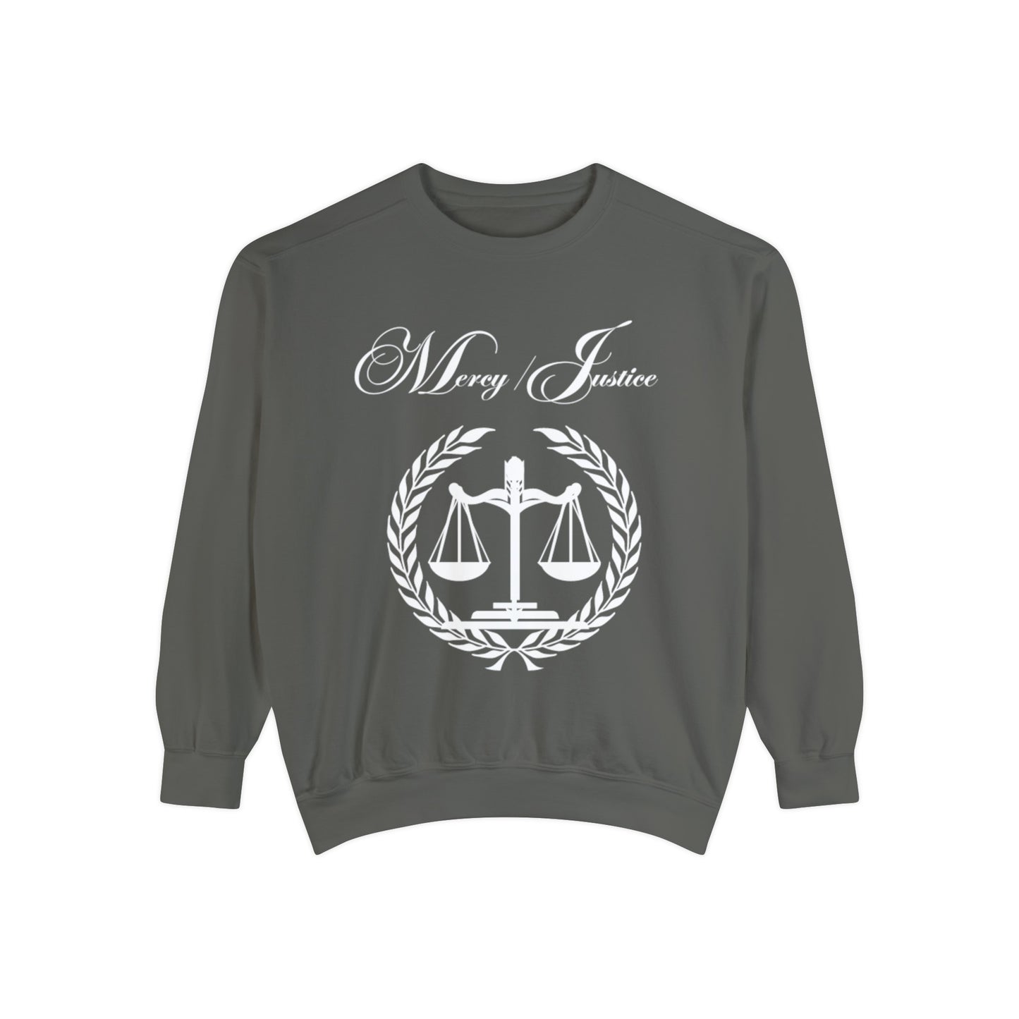 All White Mercy/Justice Unisex Garment-Dyed Sweatshirt