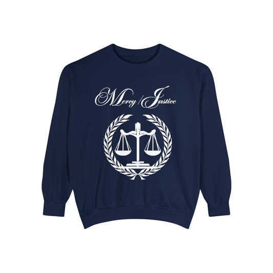 All White Mercy/Justice Unisex Garment-Dyed Sweatshirt