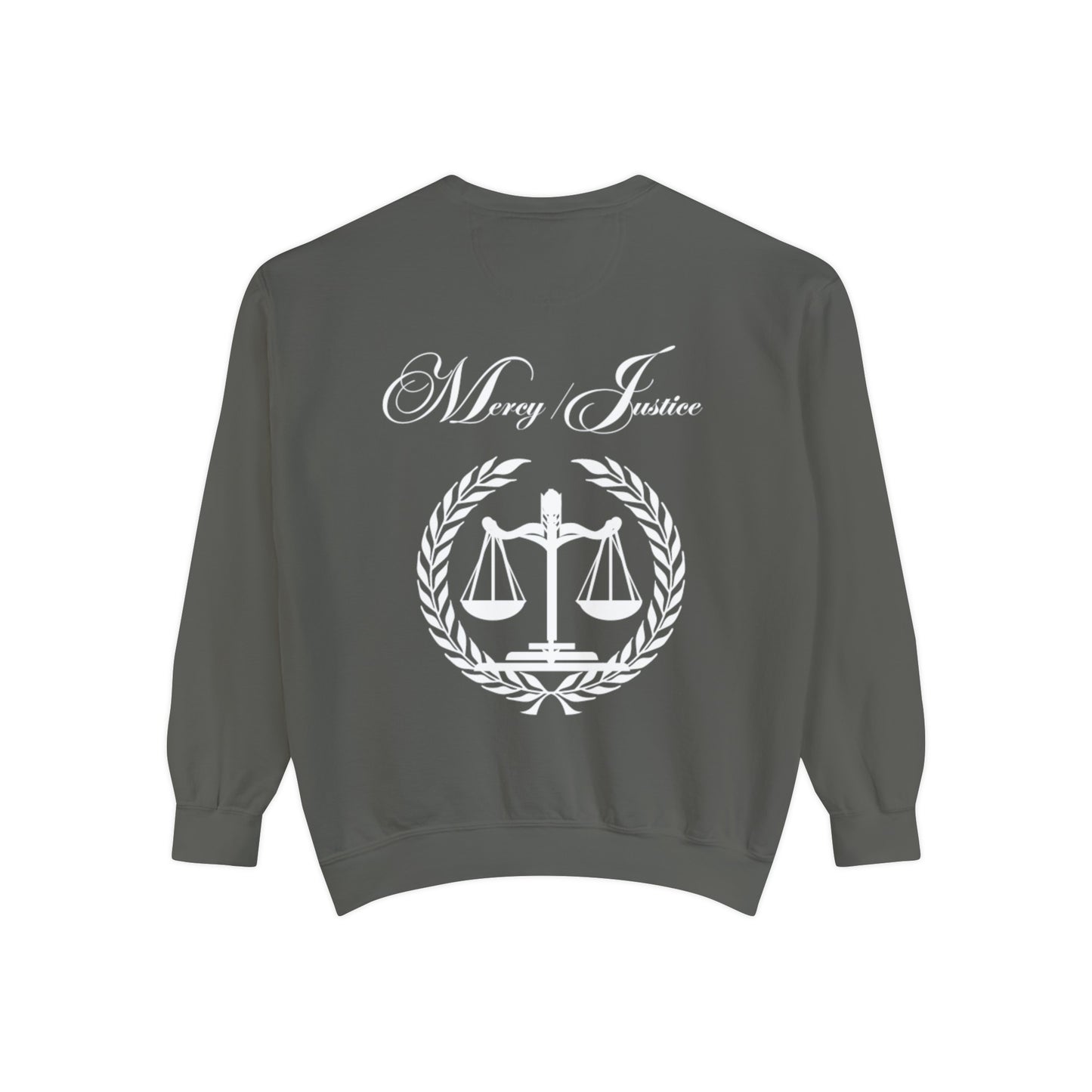 All White Mercy/Justice Unisex Garment-Dyed Sweatshirt