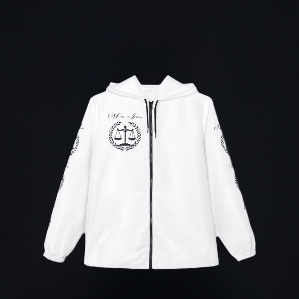 All Black Lettering Mercy/Justice Windbreaker Jacket (AOP) - criminaljusticereformationalliancestore.com