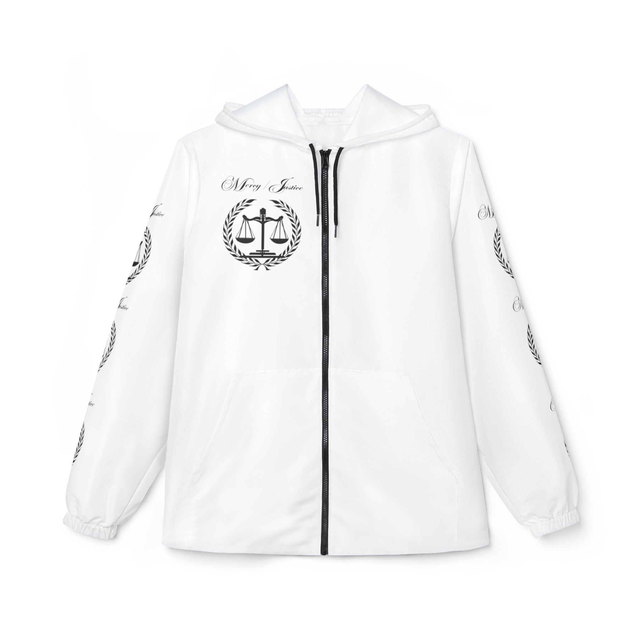 All Black Lettering Mercy/Justice Windbreaker Jacket (AOP ...