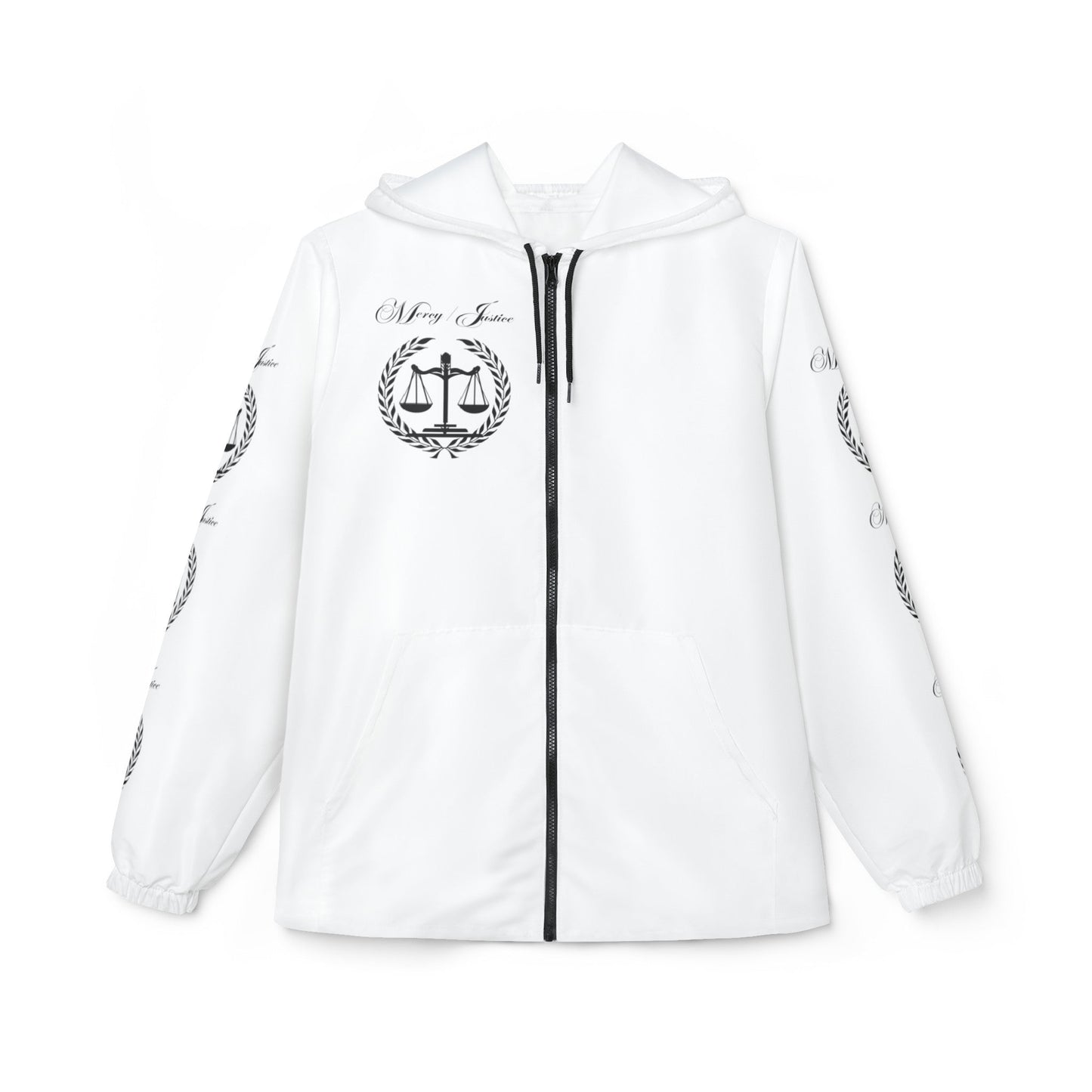 All Black Lettering Mercy/Justice Windbreaker Jacket (AOP) - criminaljusticereformationalliancestore.com