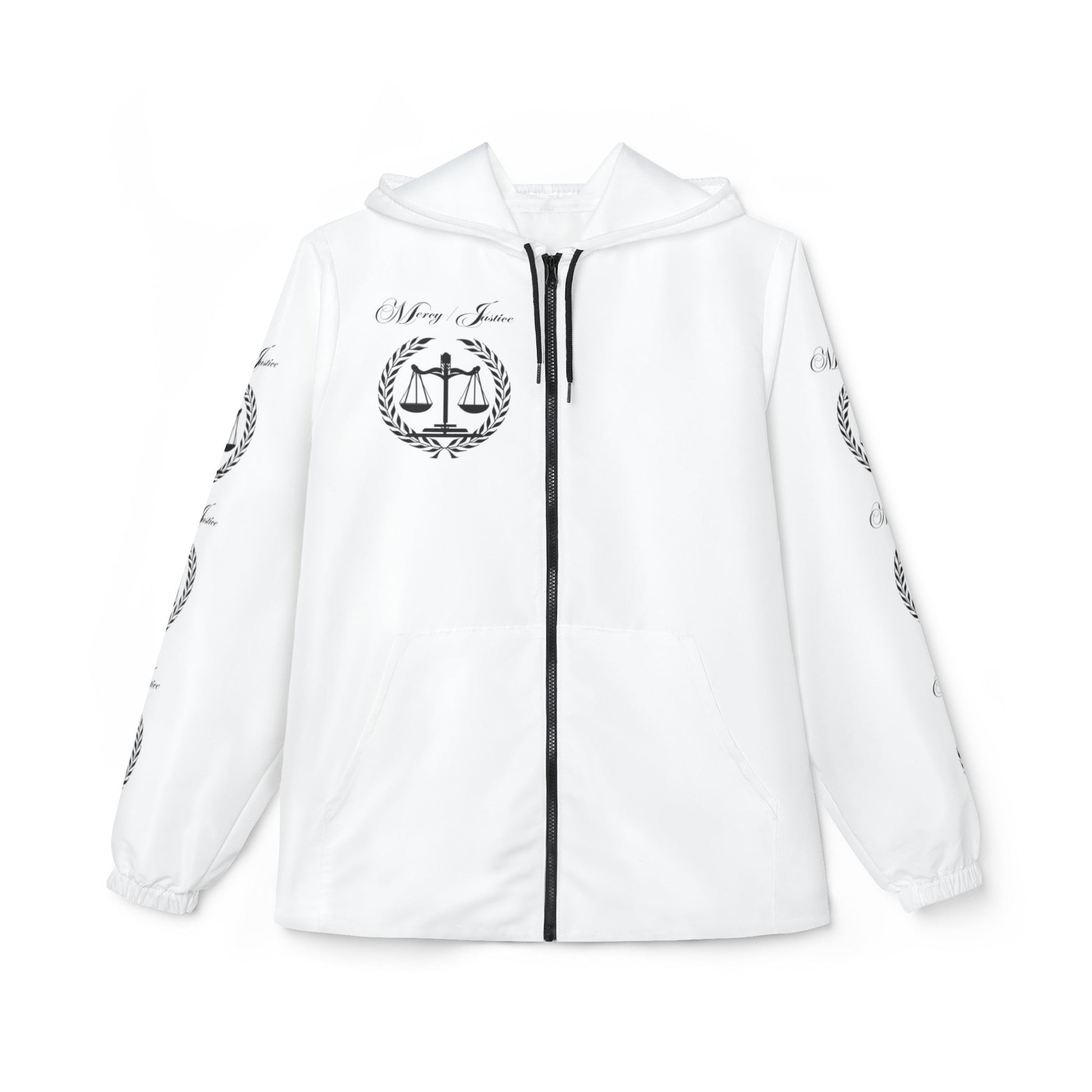 All Black Lettering Mercy/Justice Windbreaker Jacket (AOP) - criminaljusticereformationalliancestore.com