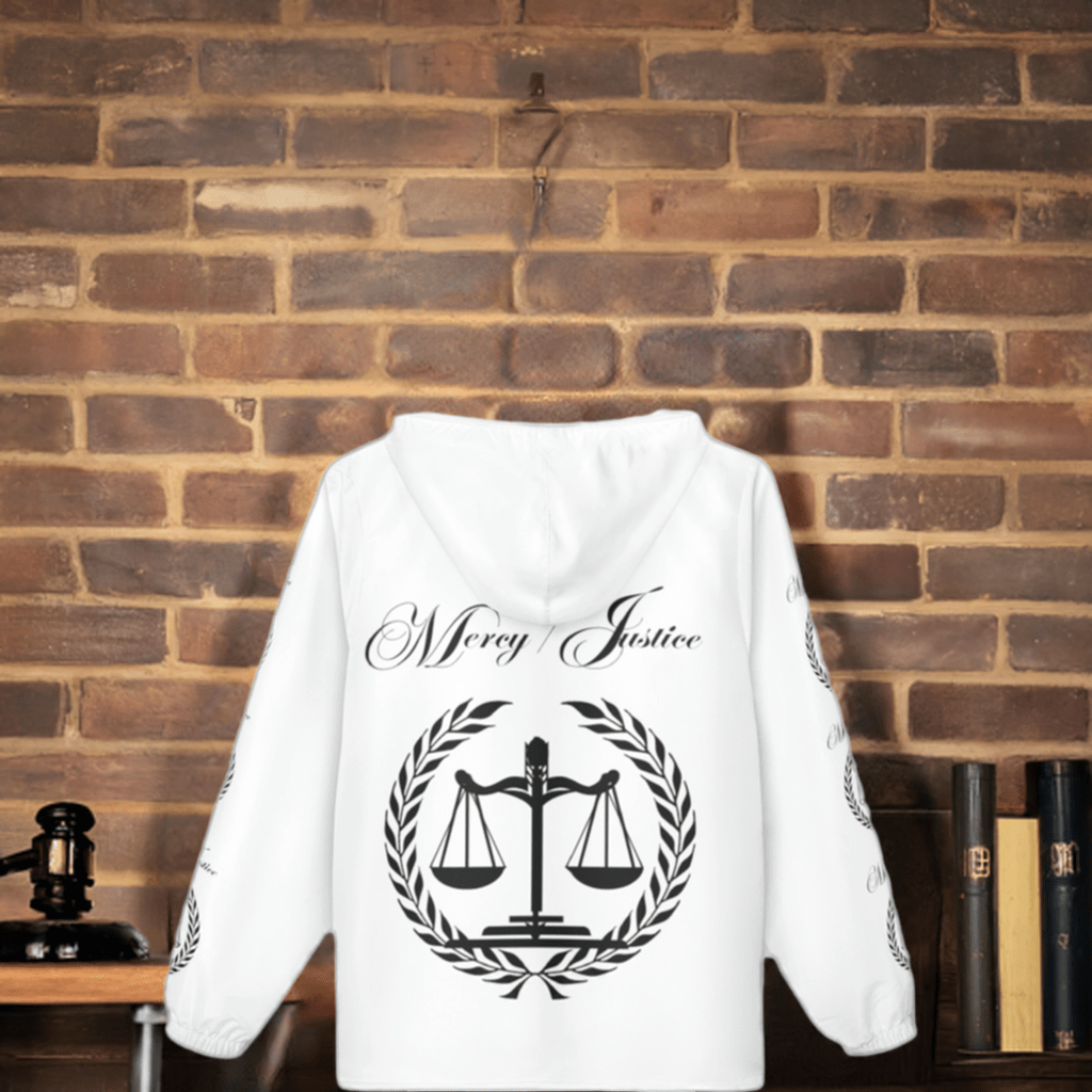 All Black Lettering Mercy/Justice Windbreaker Jacket (AOP) - criminaljusticereformationalliancestore.com