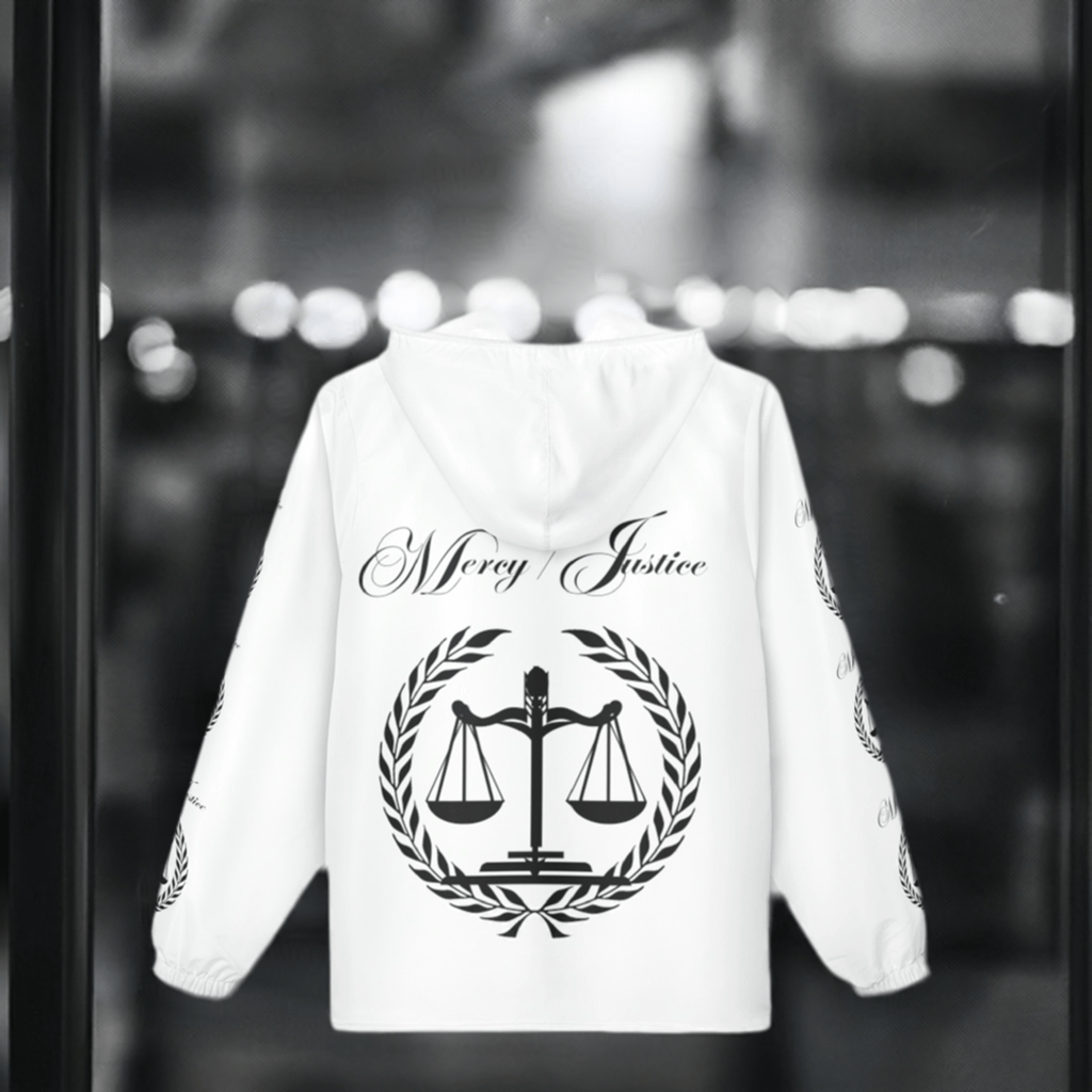 All Black Lettering Mercy/Justice Windbreaker Jacket (AOP) - criminaljusticereformationalliancestore.com