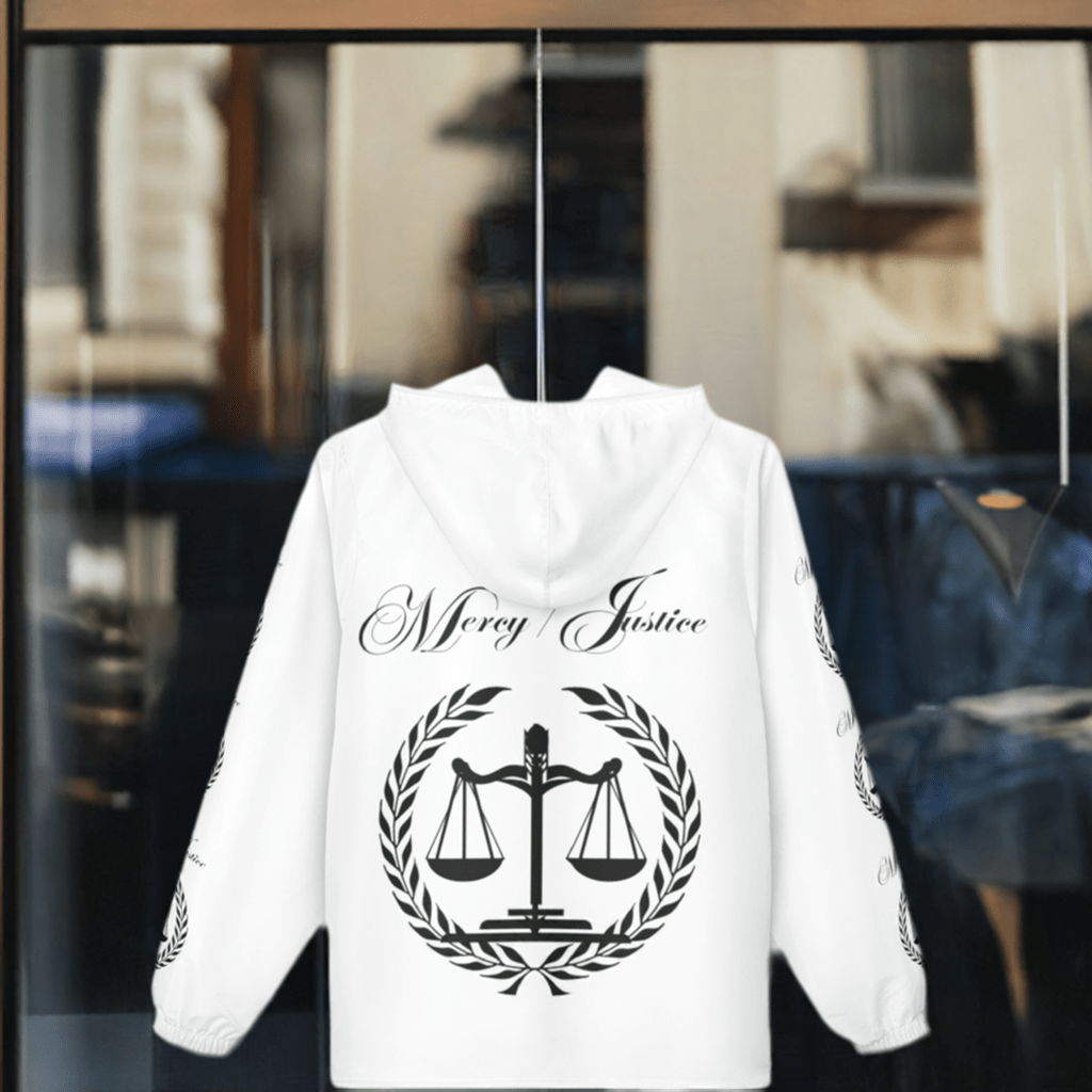 All Black Lettering Mercy/Justice Windbreaker Jacket (AOP) - criminaljusticereformationalliancestore.com