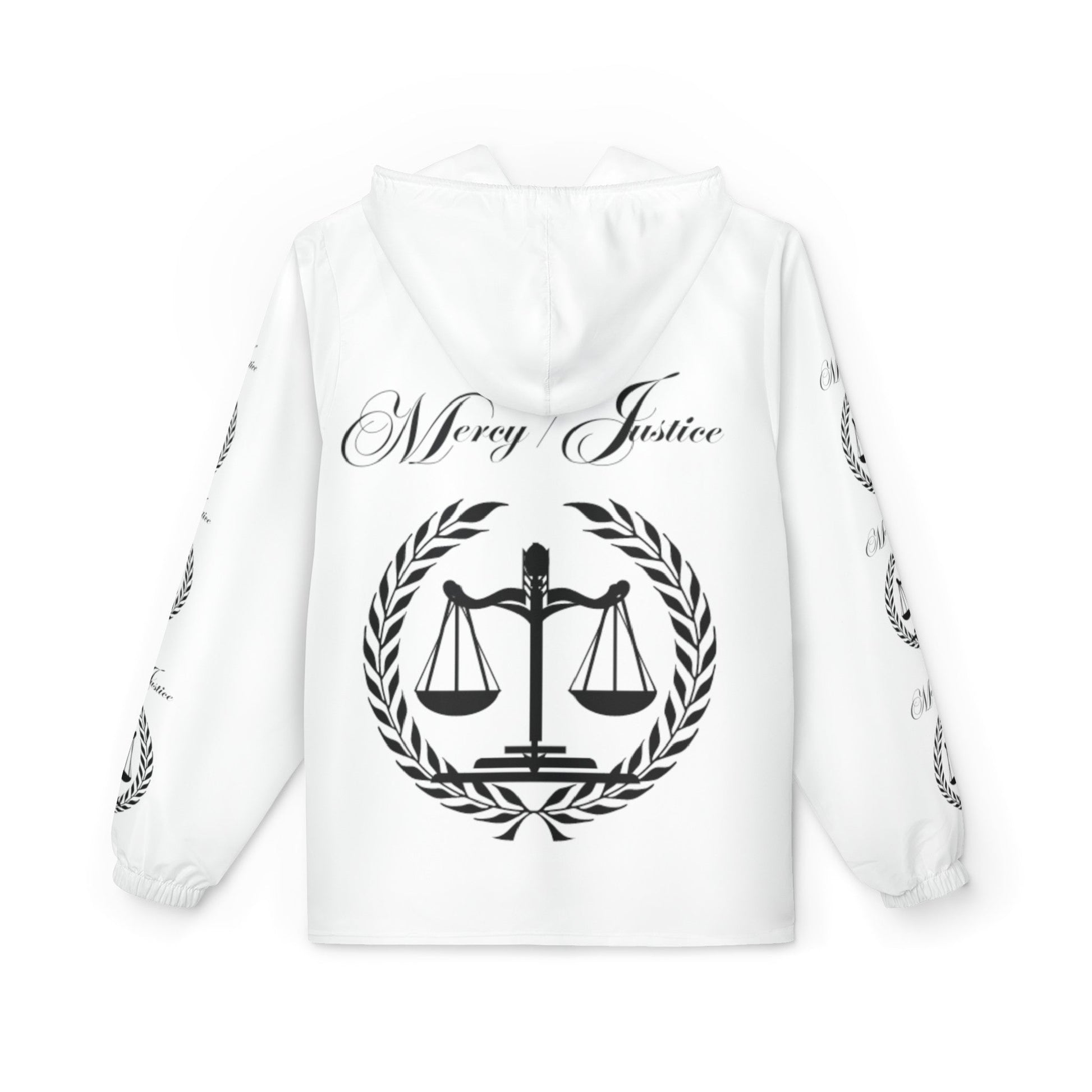 All Black Lettering Mercy/Justice Windbreaker Jacket (AOP) - criminaljusticereformationalliancestore.com