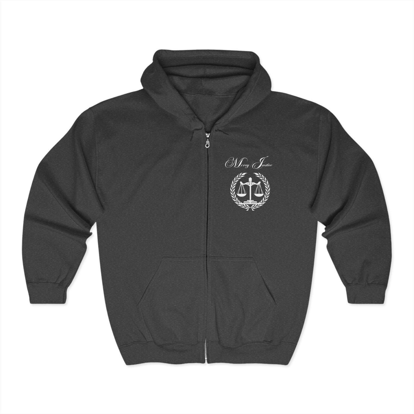All White Mercy/Justice Unisex Heavy Full Zip Hooded Sweatshirt - criminaljusticereformationalliancestore.com