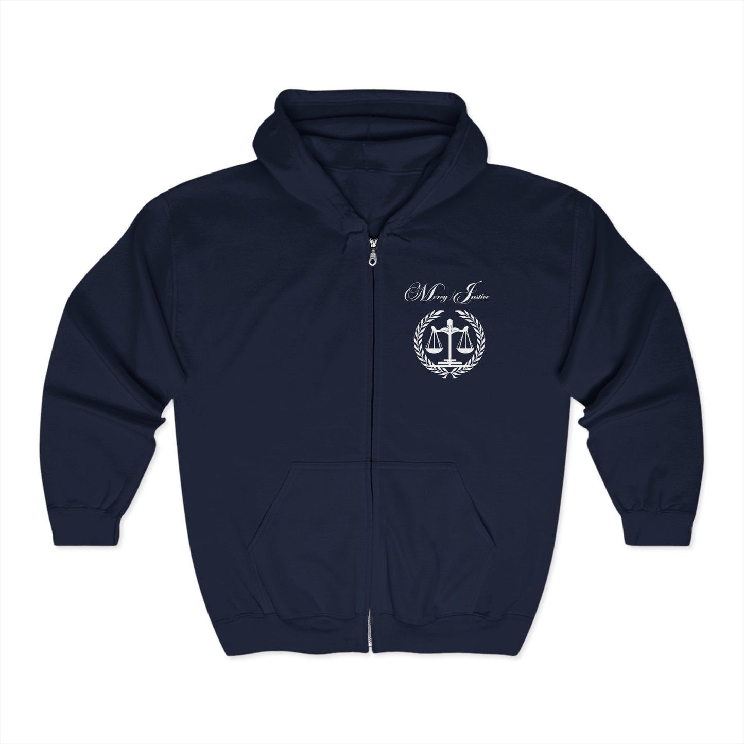 All White Mercy/Justice Unisex Heavy Full Zip Hooded Sweatshirt - criminaljusticereformationalliancestore.com