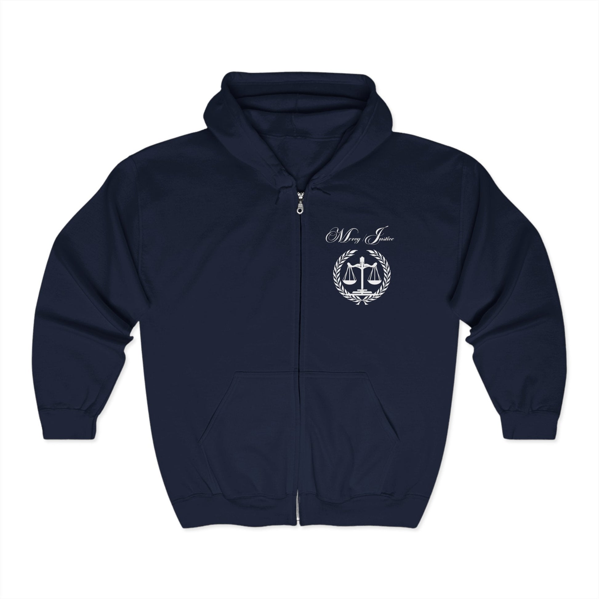All White Mercy/Justice Unisex Heavy Full Zip Hooded Sweatshirt - criminaljusticereformationalliancestore.com