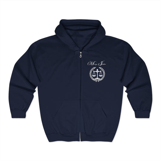 All White Mercy/Justice Unisex Heavy Full Zip Hooded Sweatshirt - criminaljusticereformationalliancestore.com