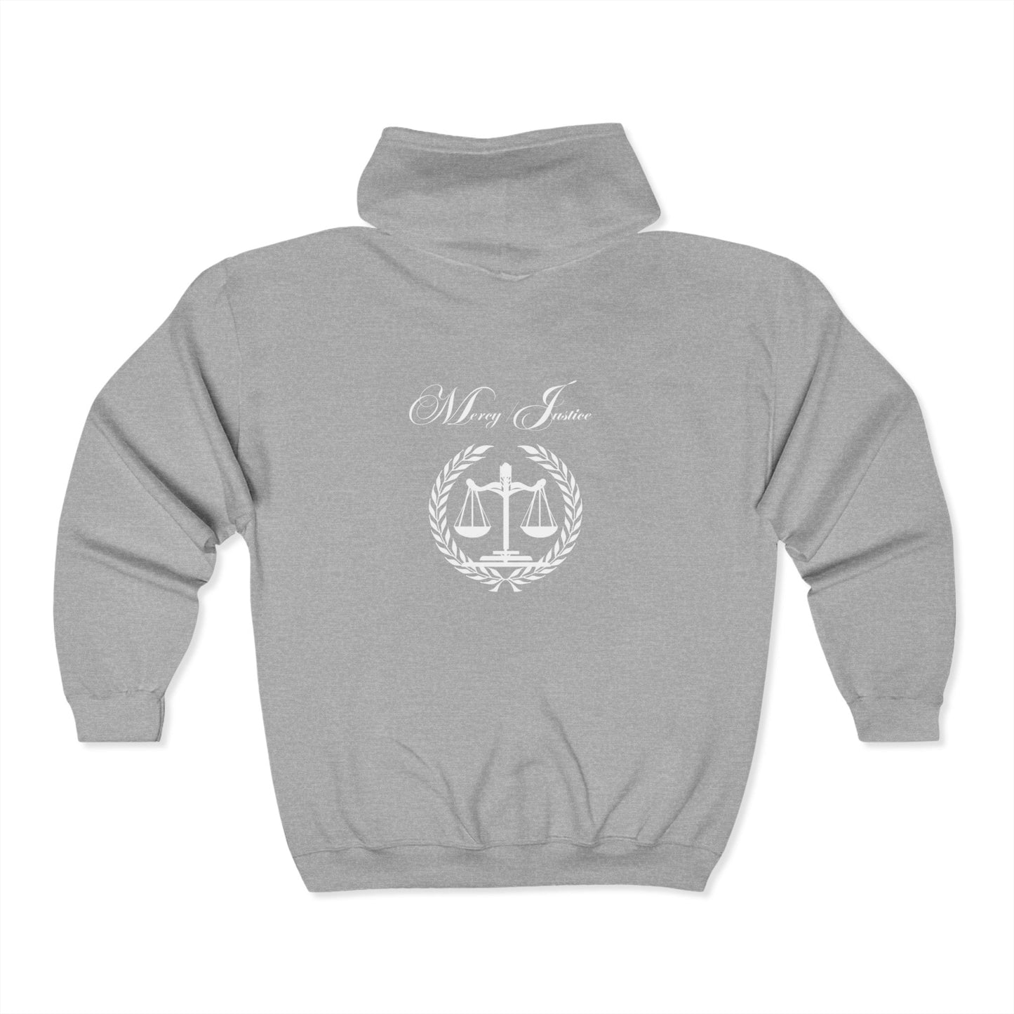 All White Mercy/Justice Unisex Heavy Full Zip Hooded Sweatshirt - criminaljusticereformationalliancestore.com