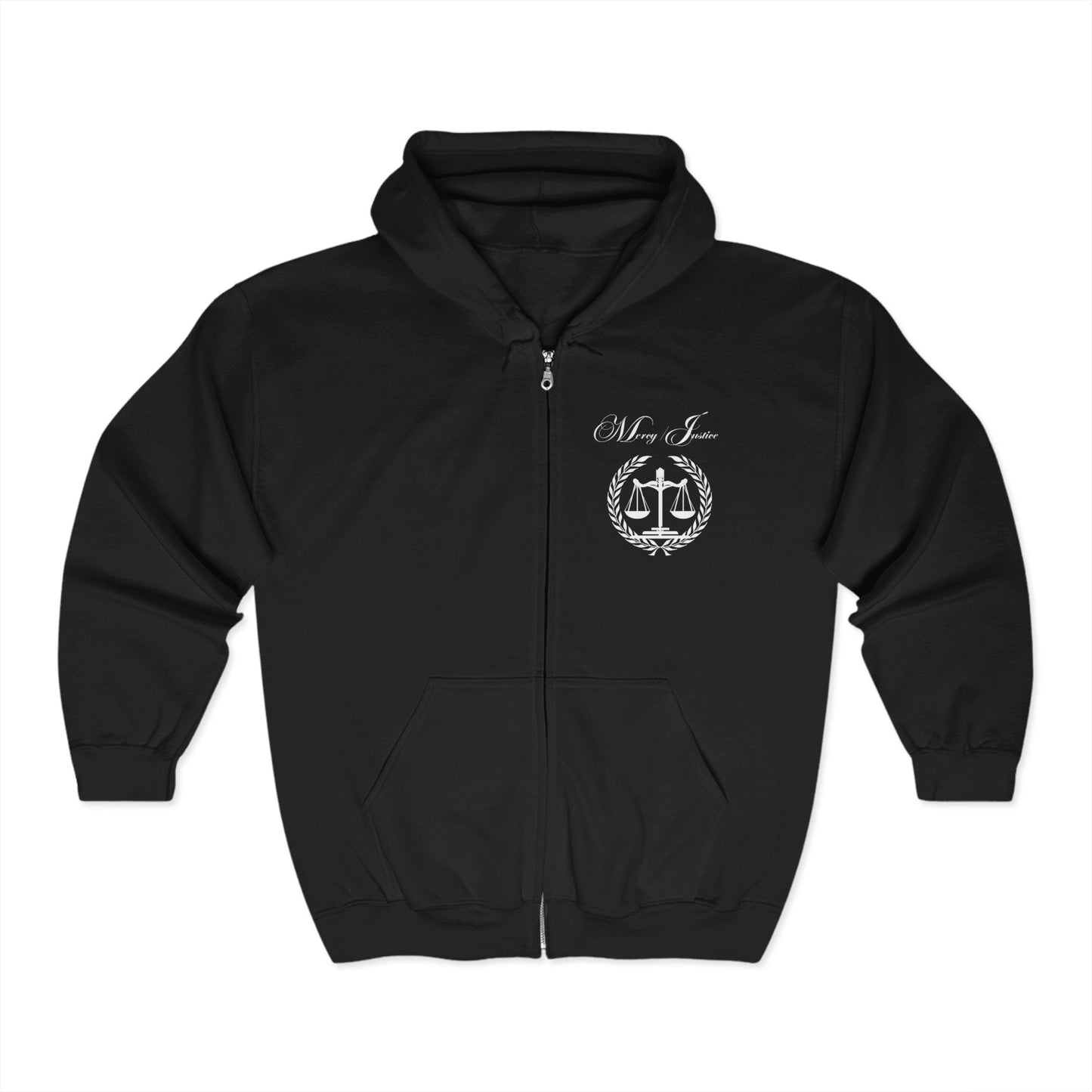All White Mercy/Justice Unisex Heavy Full Zip Hooded Sweatshirt - criminaljusticereformationalliancestore.com