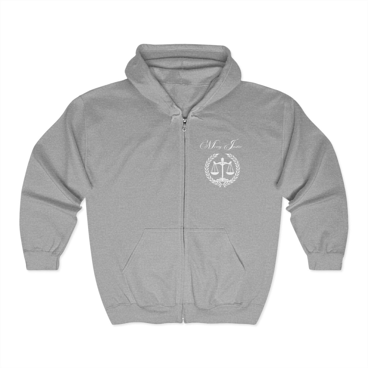 All White Mercy/Justice Unisex Heavy Full Zip Hooded Sweatshirt - criminaljusticereformationalliancestore.com