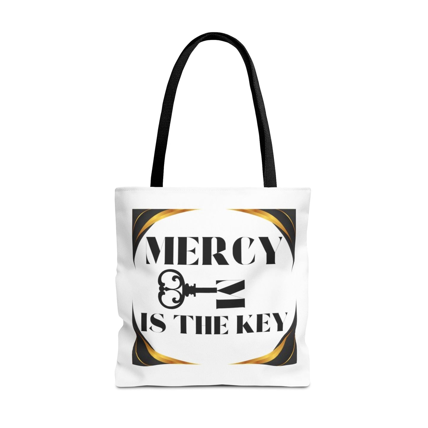 Black Gold Border Mercy Is The Key Tote Bag (AOP) - criminaljusticereformationalliancestore.com