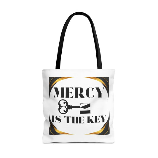 Black Gold Border Mercy Is The Key Tote Bag (AOP) - criminaljusticereformationalliancestore.com