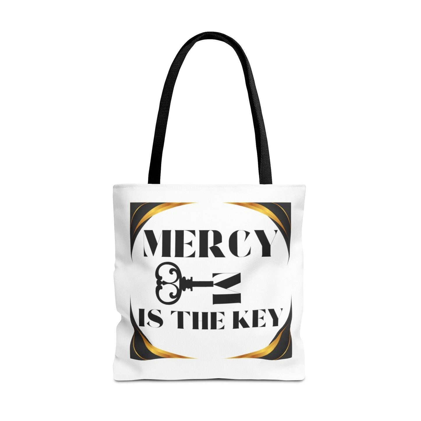 Black Gold Border Mercy Is The Key Tote Bag (AOP) - criminaljusticereformationalliancestore.com