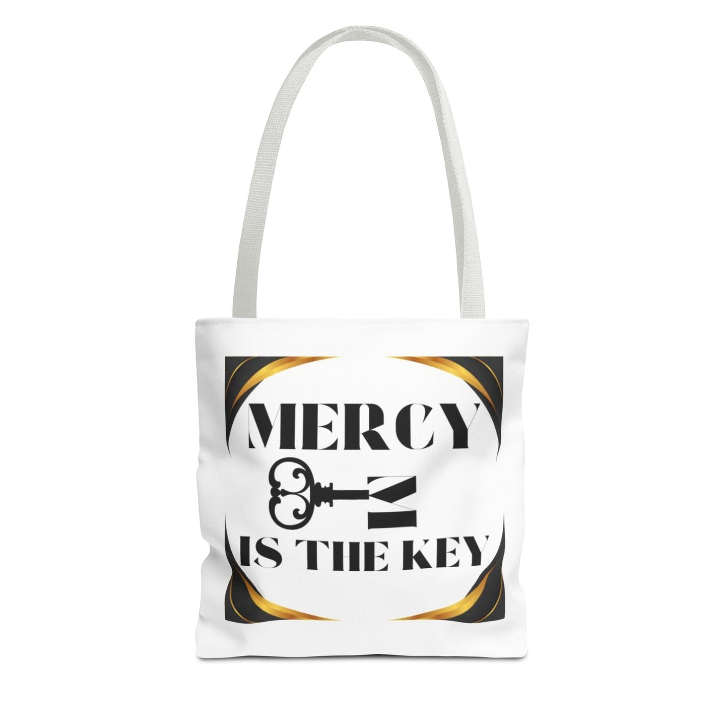 Black Gold Border Mercy Is The Key Tote Bag (AOP) - criminaljusticereformationalliancestore.com