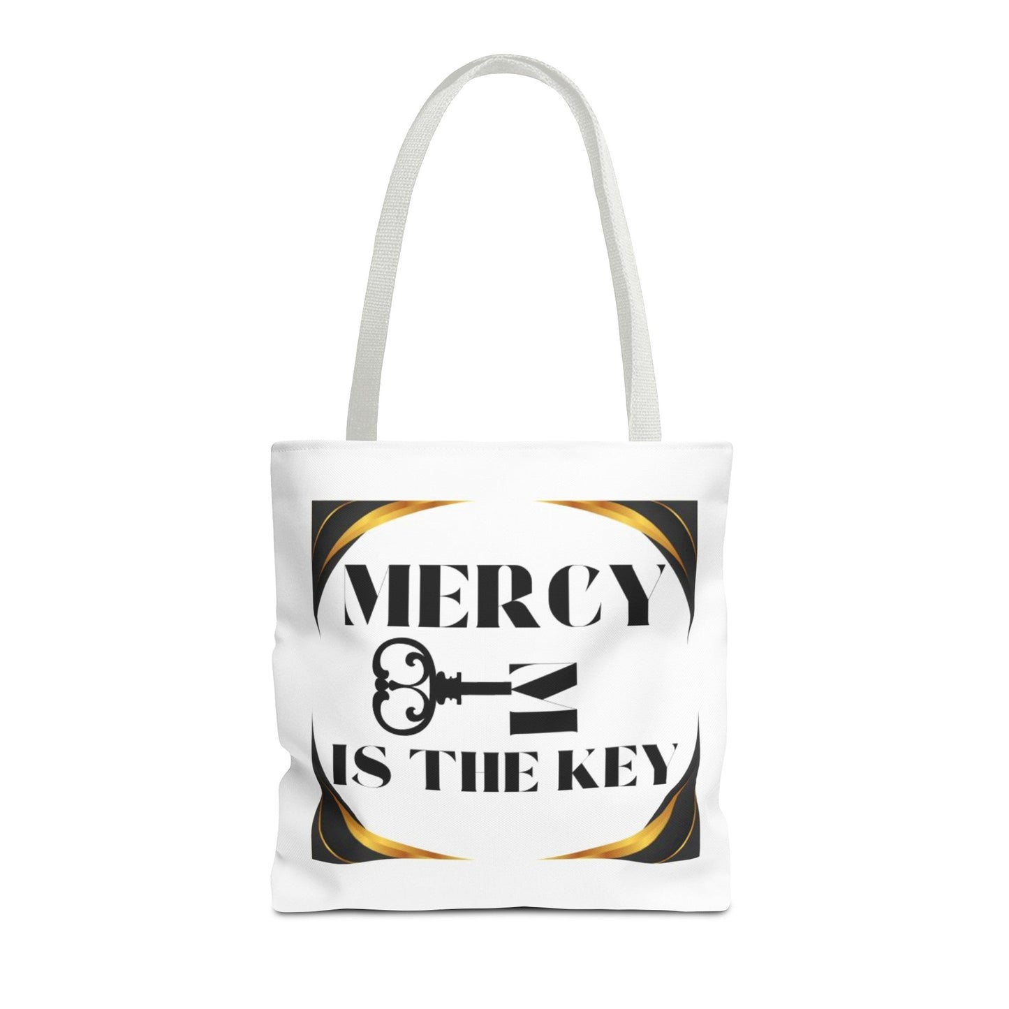 Black Gold Border Mercy Is The Key Tote Bag (AOP) - criminaljusticereformationalliancestore.com