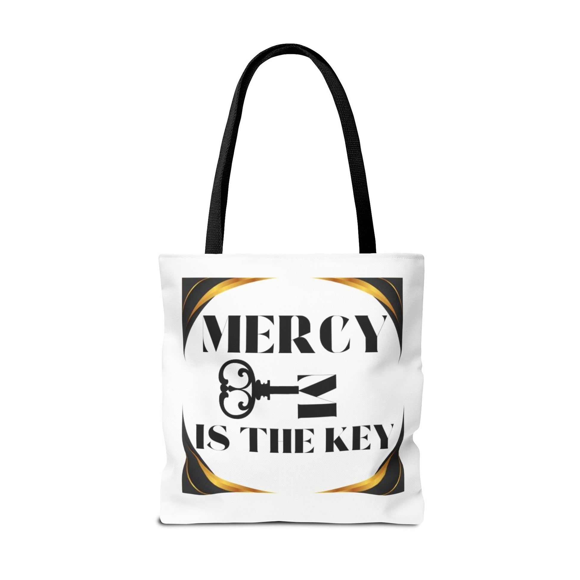 Black Gold Border Mercy Is The Key Tote Bag (AOP) - criminaljusticereformationalliancestore.com