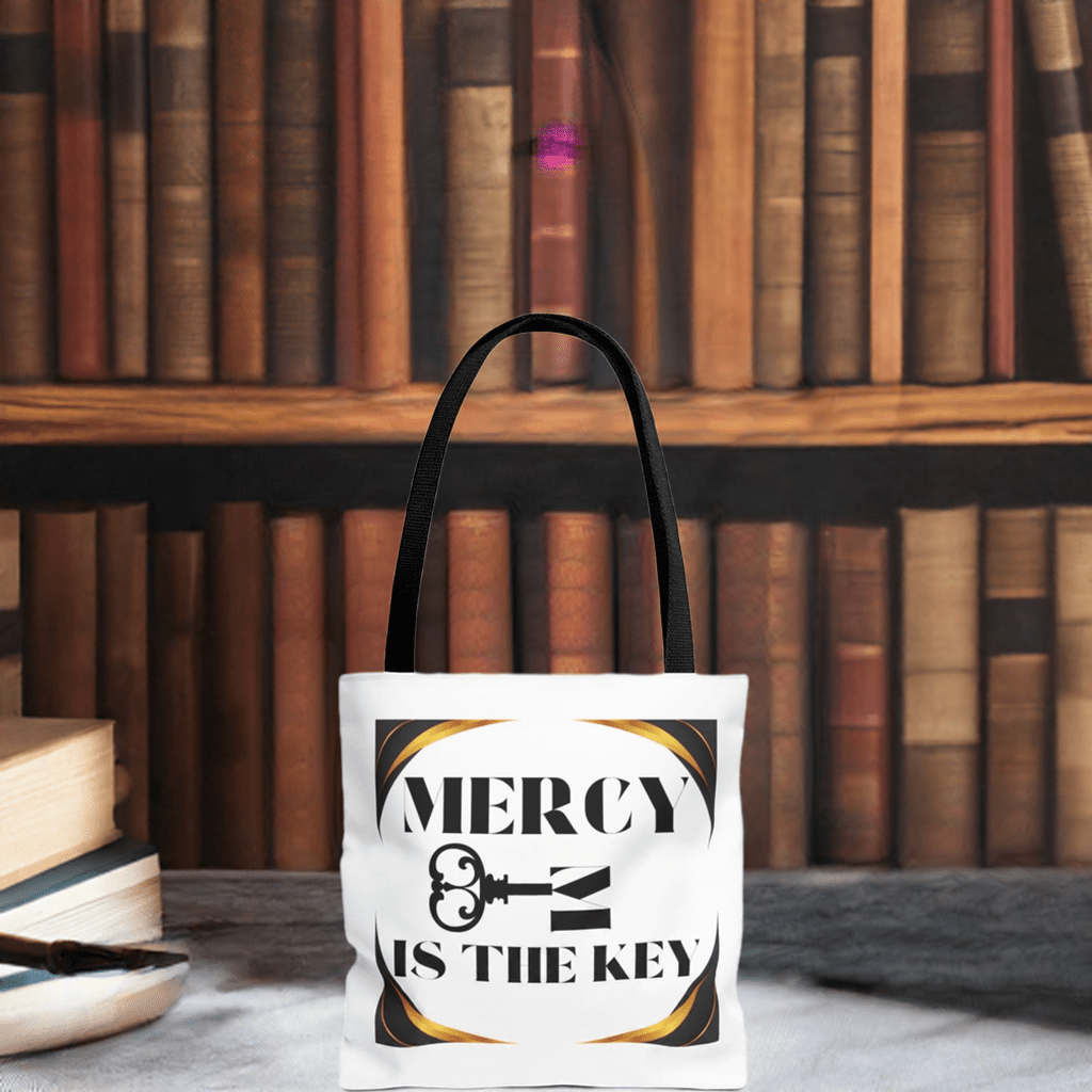 Black Gold Border Mercy Is The Key Tote Bag (AOP) - criminaljusticereformationalliancestore.com