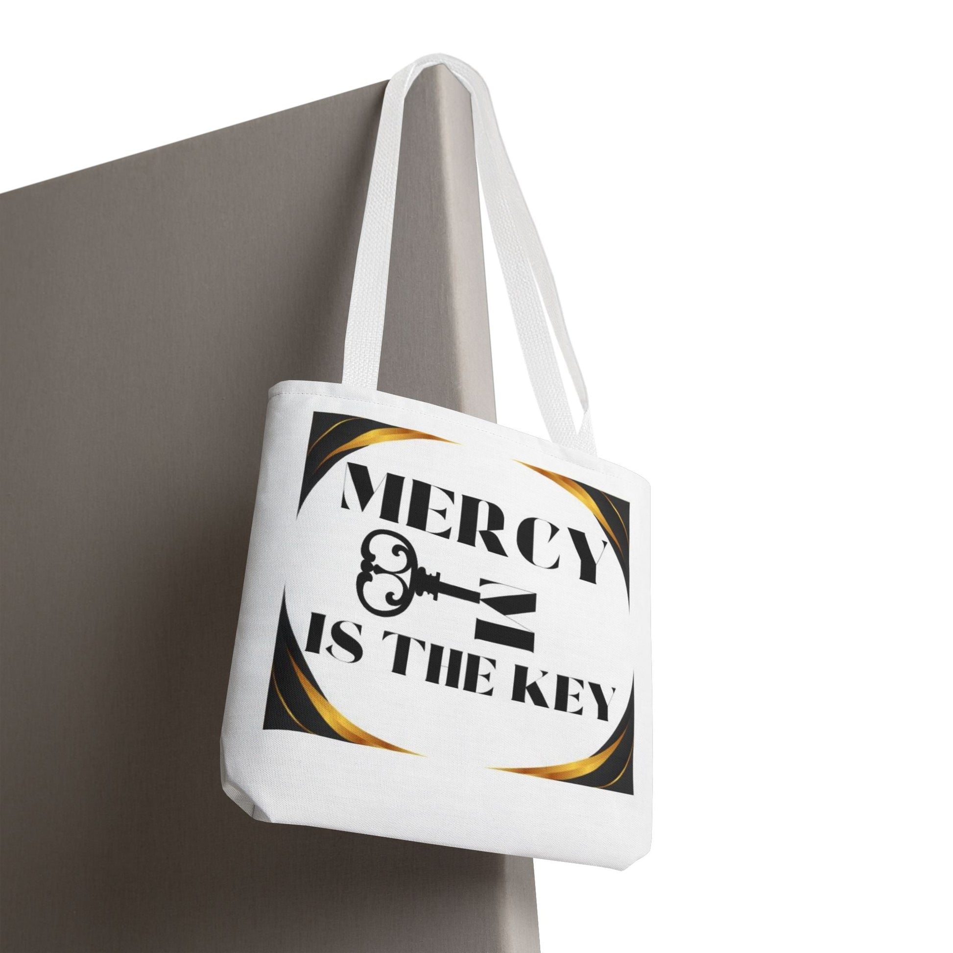 Black Gold Border Mercy Is The Key Tote Bag (AOP) - criminaljusticereformationalliancestore.com