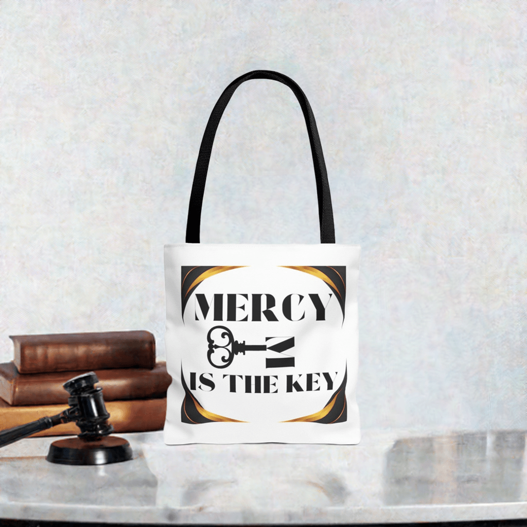 Black Gold Border Mercy Is The Key Tote Bag (AOP) - criminaljusticereformationalliancestore.com
