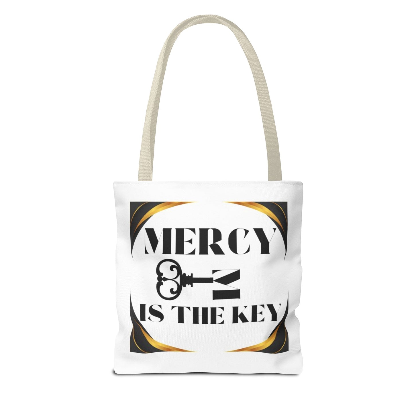 Black Gold Border Mercy Is The Key Tote Bag (AOP) - criminaljusticereformationalliancestore.com