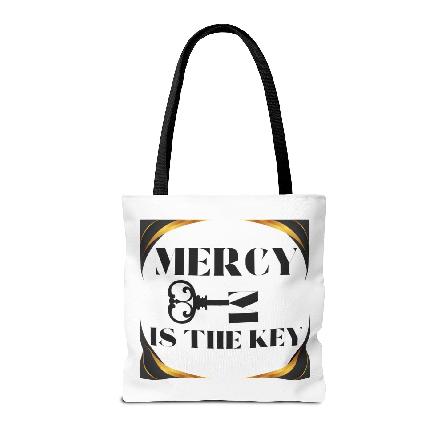 Black Gold Border Mercy Is The Key Tote Bag (AOP) - criminaljusticereformationalliancestore.com