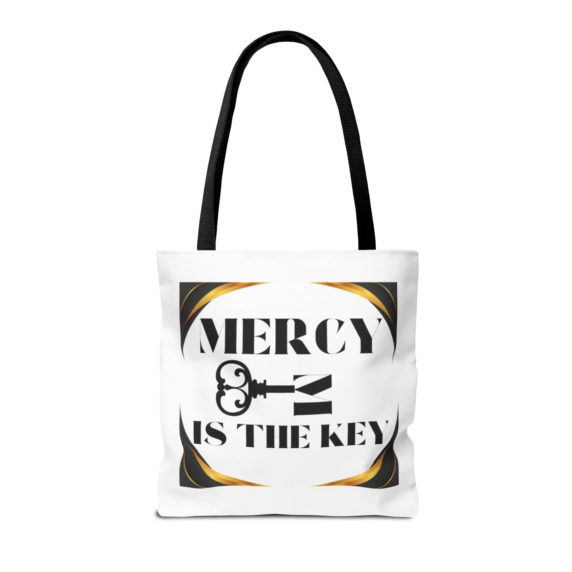 Black Gold Border Mercy Is The Key Tote Bag (AOP) - criminaljusticereformationalliancestore.com