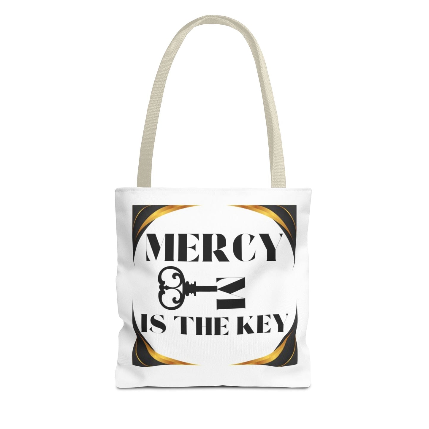 Black Gold Border Mercy Is The Key Tote Bag (AOP) - criminaljusticereformationalliancestore.com